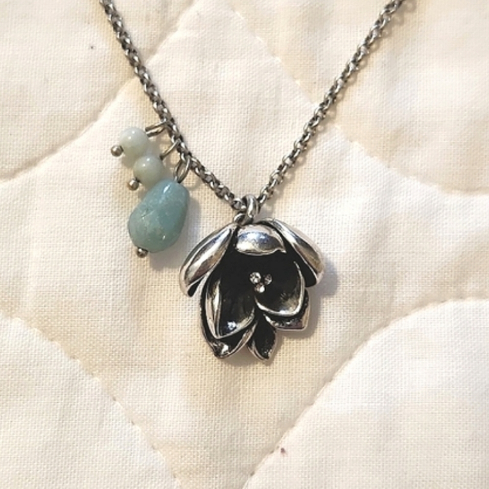 Fossil Flower Necklace with Aqua Accent Stones